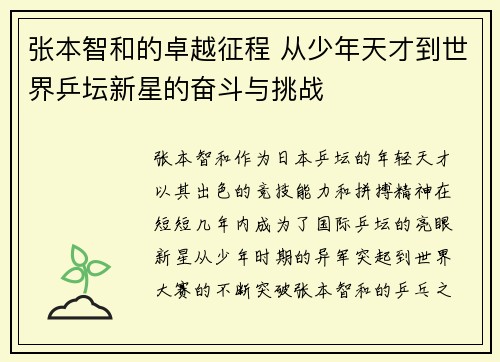 张本智和的卓越征程 从少年天才到世界乒坛新星的奋斗与挑战